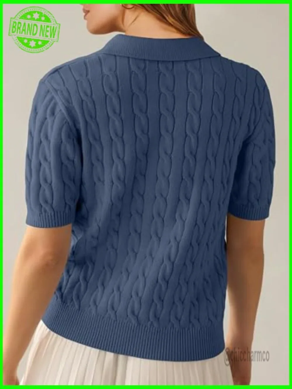 Short Sleeve V-Neck Cable Knit Sweater Top Loose Fit Summer Pullover